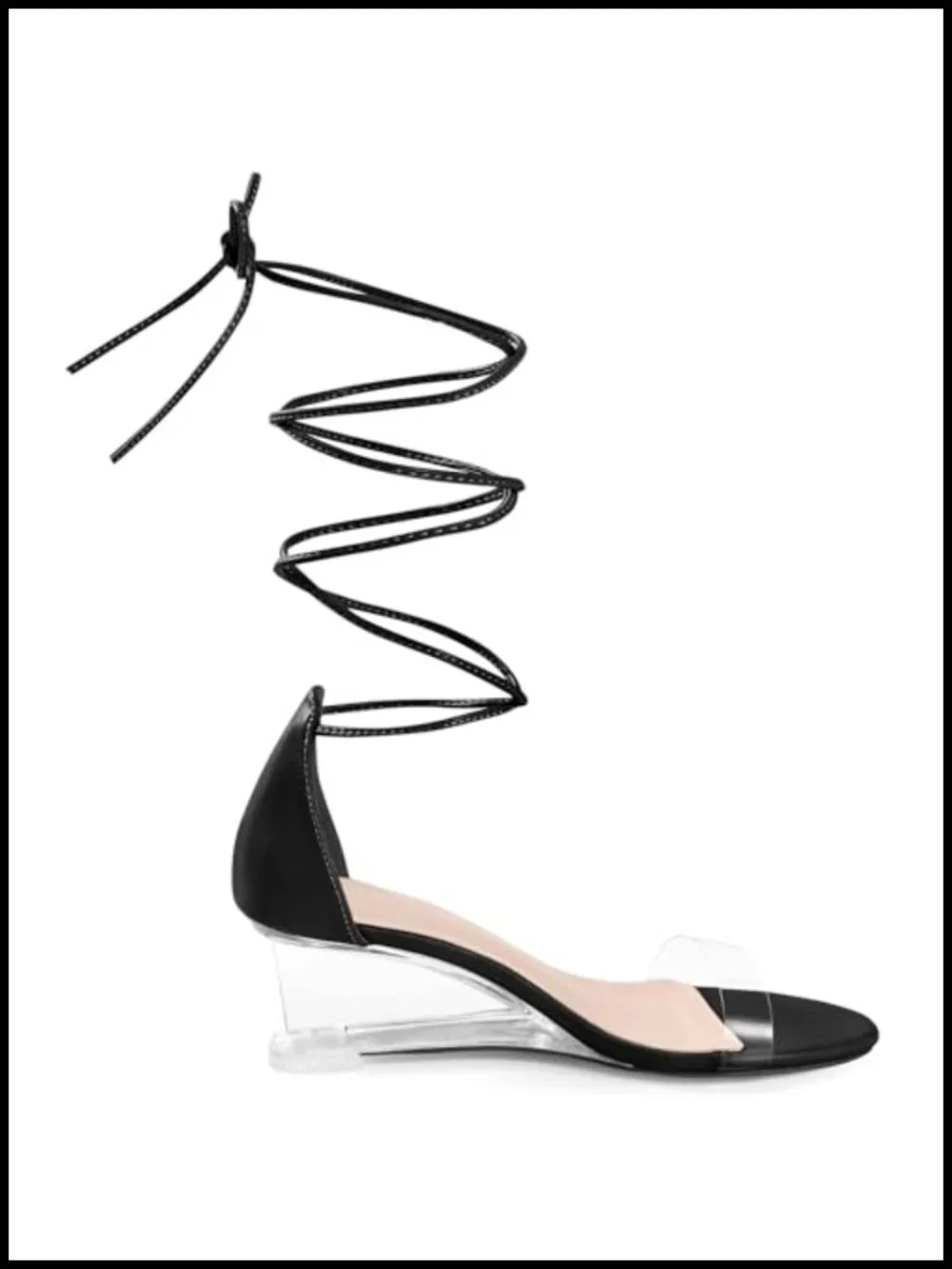 Clear Strap Lace Up Open Toe Wedges Heel Sandals Faux Leather